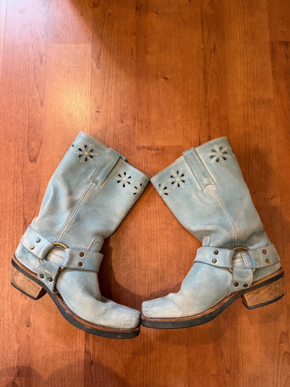 Vintage Frye Light Blue Leather Harness Cutout Boots